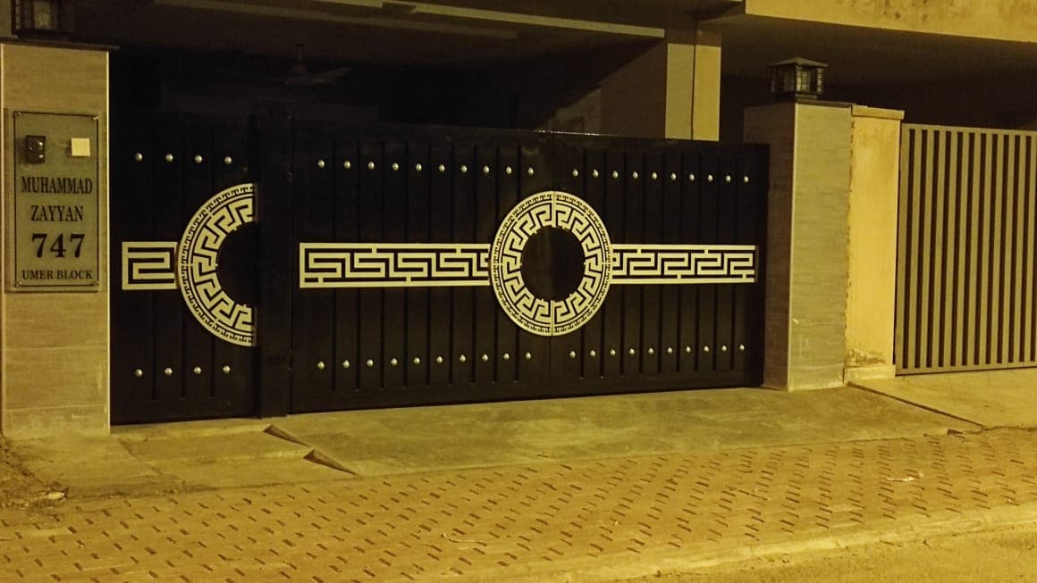 Greek Key Gate — Night View — Iron Gate — Babar Fiber Glass